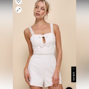 NWOT Lulus Upscale Charm Ivory Tweed Pearl Beaded Cutout Bow Romper